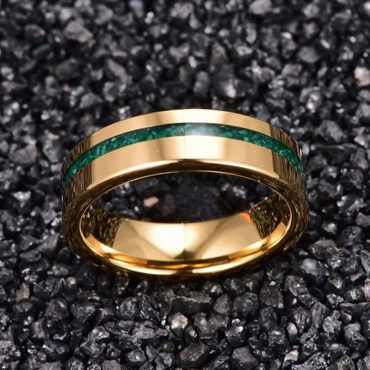 Malachite ring crafted from gold Tungsten with a vibrant green stone inlay.