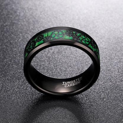 Black Tungsten ring with mechanical gear design and green wood inlay, 8mm width, comfort fit.