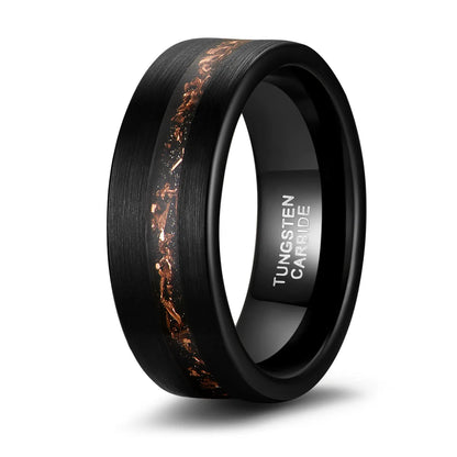 Men's 8mm black Tungsten ring featuring a brushed finish and a unique inlay of copper flakes and genuine Moon dust over crushed black sandstone.