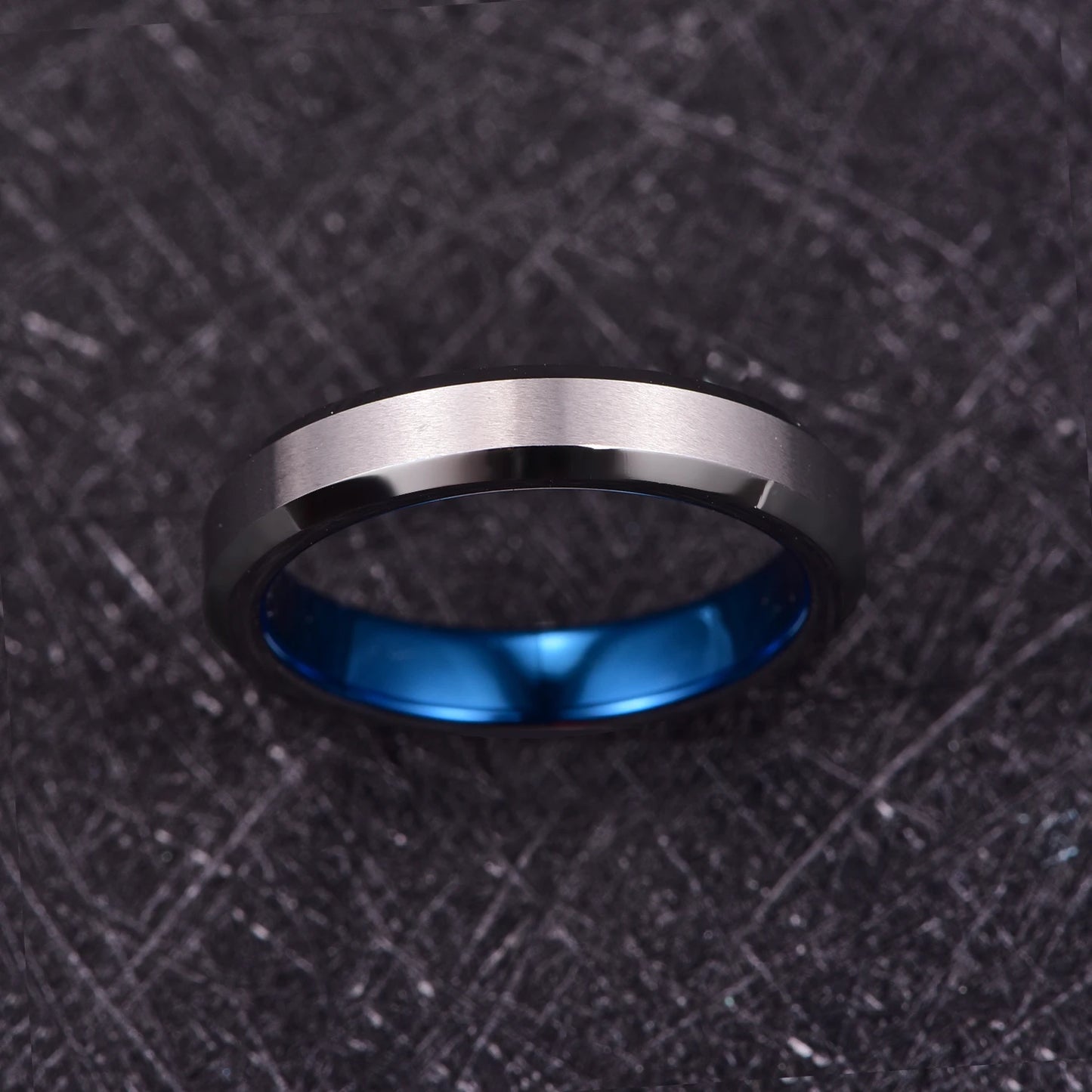 Men's Brushed Silver Tungsten ring with polished blue Tungsten interior and beveled edges, 4mm width, comfort fit.