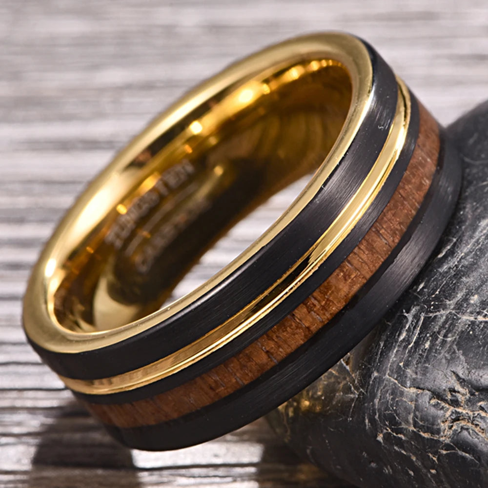 Men's Gold and Black Tungsten ring with acacia wood inlay and gold stripe, 8mm width, comfort fit.