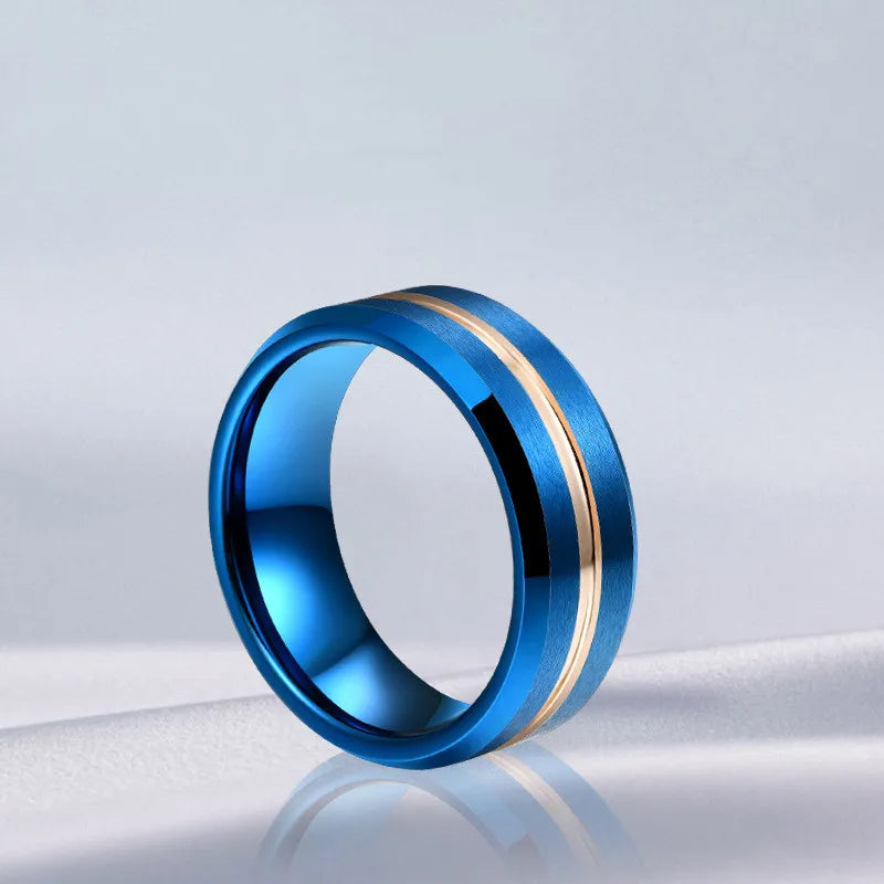 Men's ring with metallic blue and rose gold Tungsten stripe – comfort fit 8mm