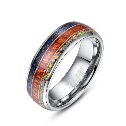 Men's silver Tungsten ring, 8mm wide, with a domed band, inlaid with crushed opal, lapis lazuli, and acacia wood, separated by rose gold guitar strings.