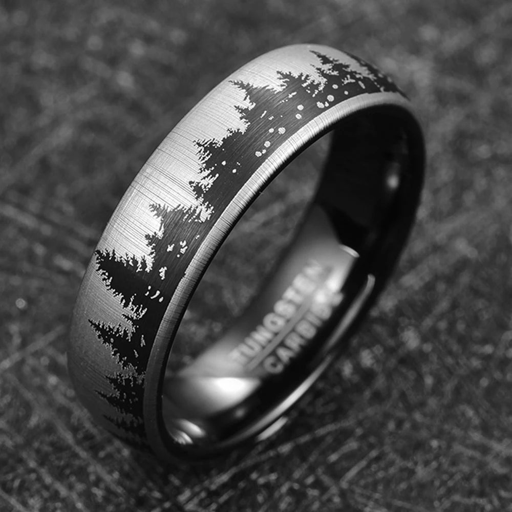 Men's Silver and Black Tungsten ring with forest design, 6mm width, comfort fit.