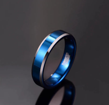 Polished blue Tungsten ring for men, with beveled edges for a sleek design