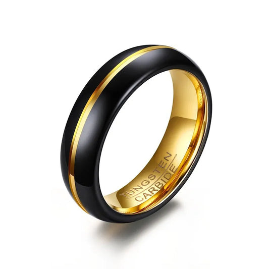 Men's wedding band with black and gold Tungsten stripe – comfort fit 6mm