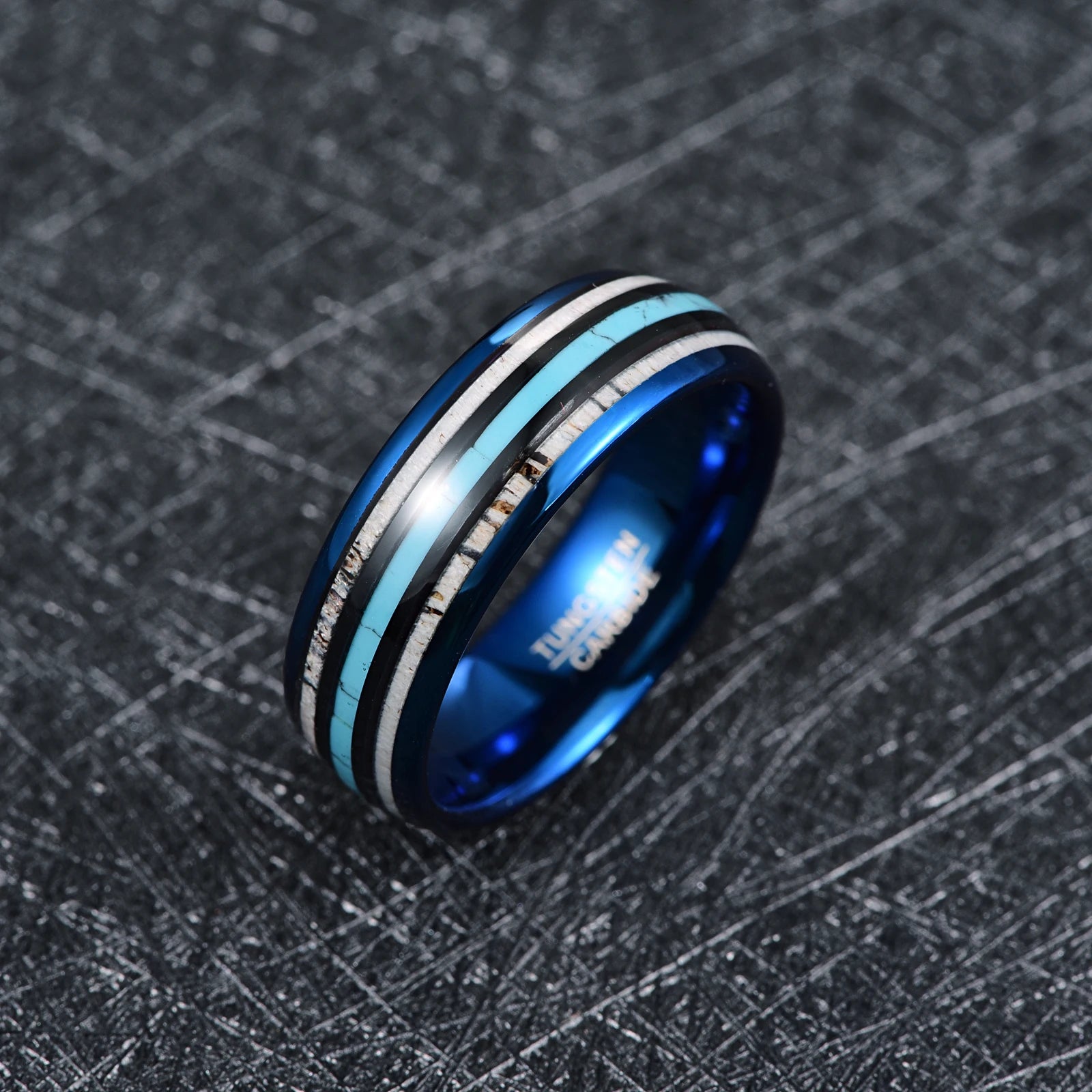 Men's wedding band with blue Tungsten, antler and turquoise inlay – comfort fit 8mm