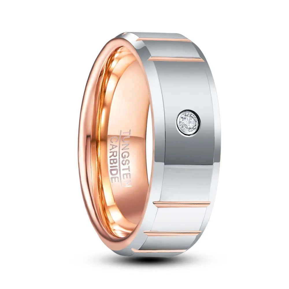 Men's wedding band with silver and rose gold Tungsten and stone – comfort fit 8mm