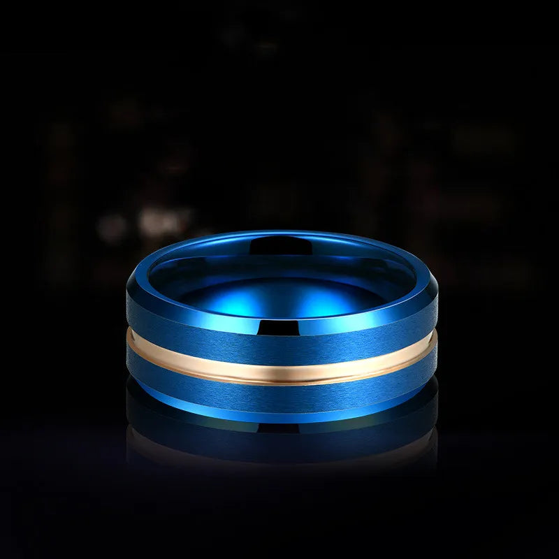 8mm metallic blue and rose gold Tungsten men's ring with stripe – comfort fit