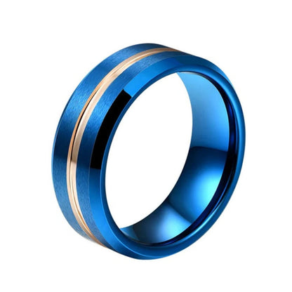 8mm metallic blue and rose gold Tungsten ring with stripe – comfort fit men's ring