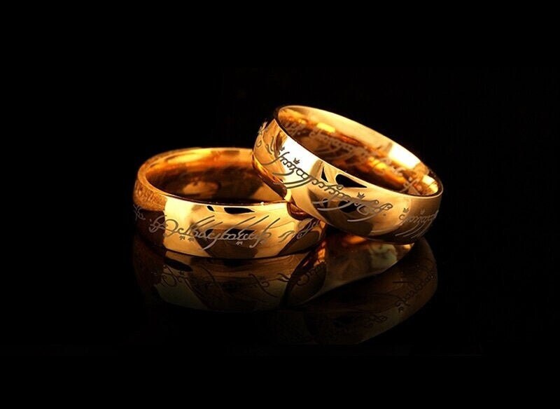 Gold One Ring replicas displayed as a couple’s set