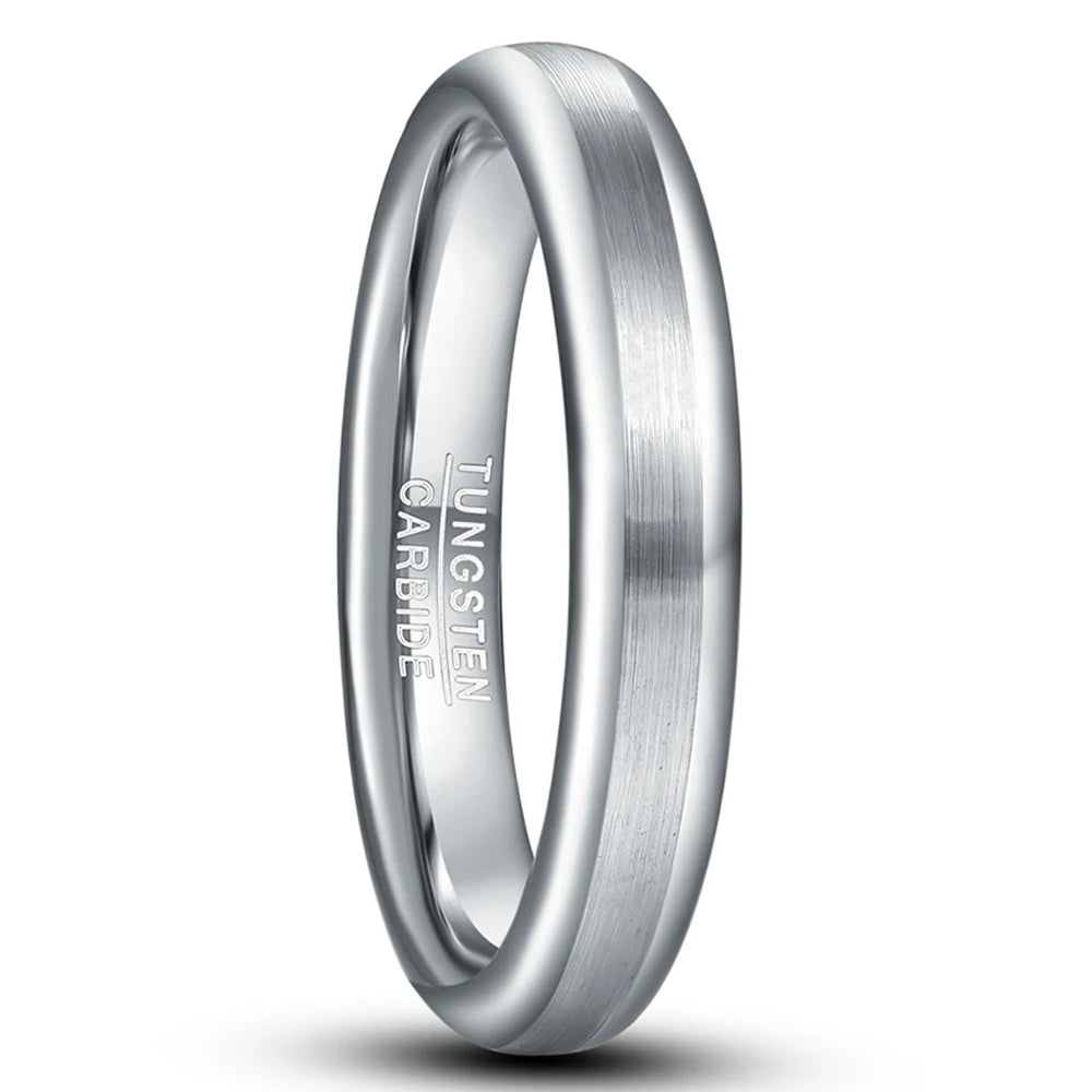 Polished edge silver Tungsten domed wedding band with brushed center, 4mm width, comfort fit.