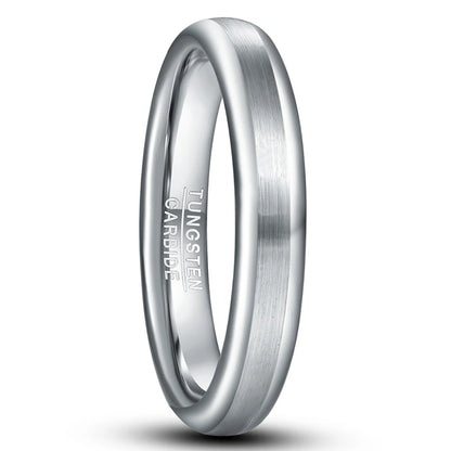 Polished edge silver Tungsten domed wedding band with brushed center, 4mm width, comfort fit.