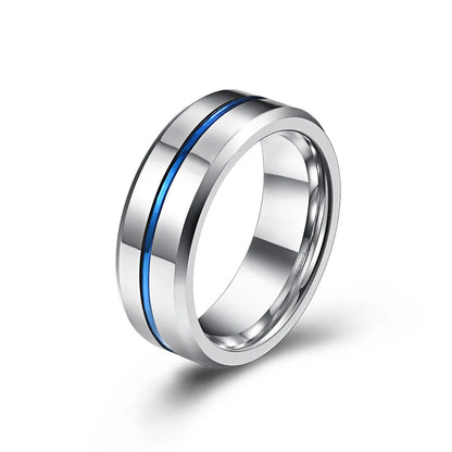 8mm silver Tungsten ring featuring a blue stripe and polished beveled edges for a sleek, modern men's ring.