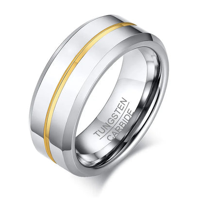 8mm polished silver Tungsten ring with a gold stripe and beveled edges, perfect as a men's wedding or engagement band.