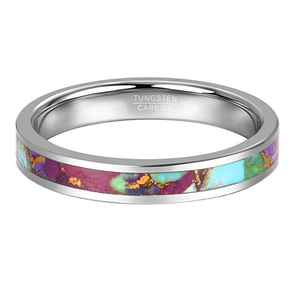 Women's 4mm flat silver Tungsten ring with vibrant Rainbow Jasper and gold accents