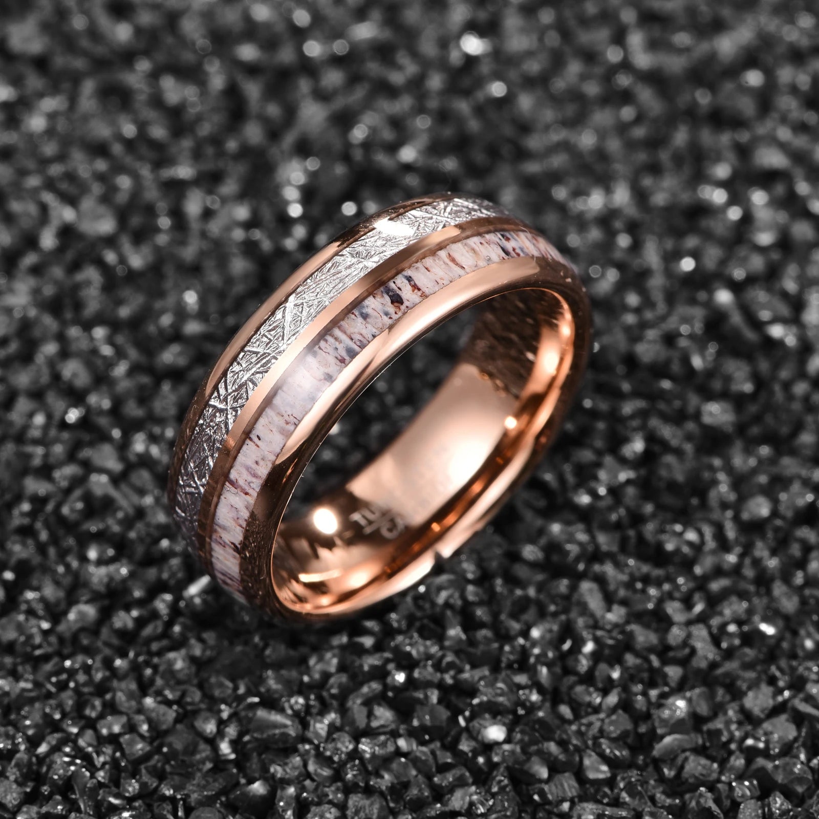 8mm rose gold Tungsten ring with antler and meteorite inlay – comfort fit men's wedding band