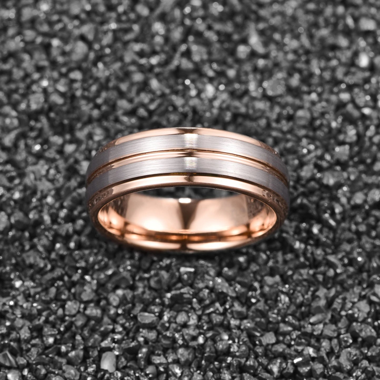 8mm rose gold Tungsten ring with brushed finish, stepped edges, and comfort fit men's wedding band