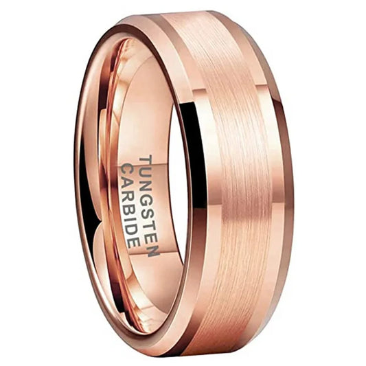 Men's rose gold Tungsten wedding band, 8mm wide, featuring a brushed center with beveled edges.