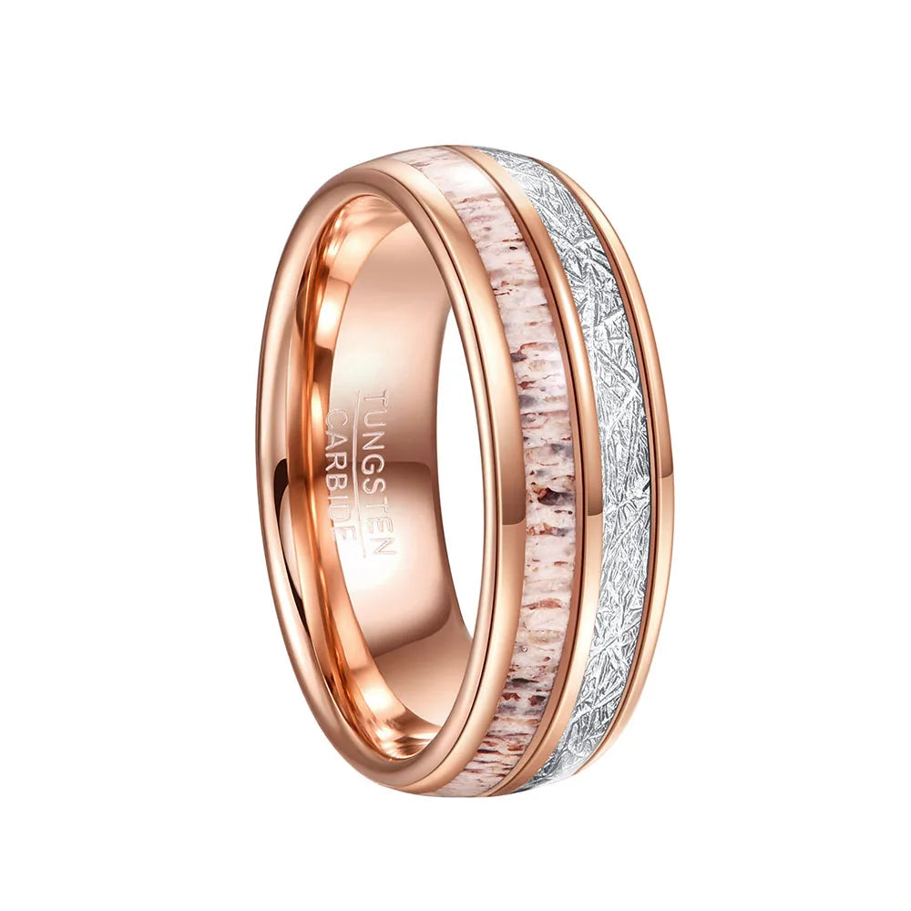 8mm rose gold Tungsten wedding band with antler and meteorite inlay – comfort fit