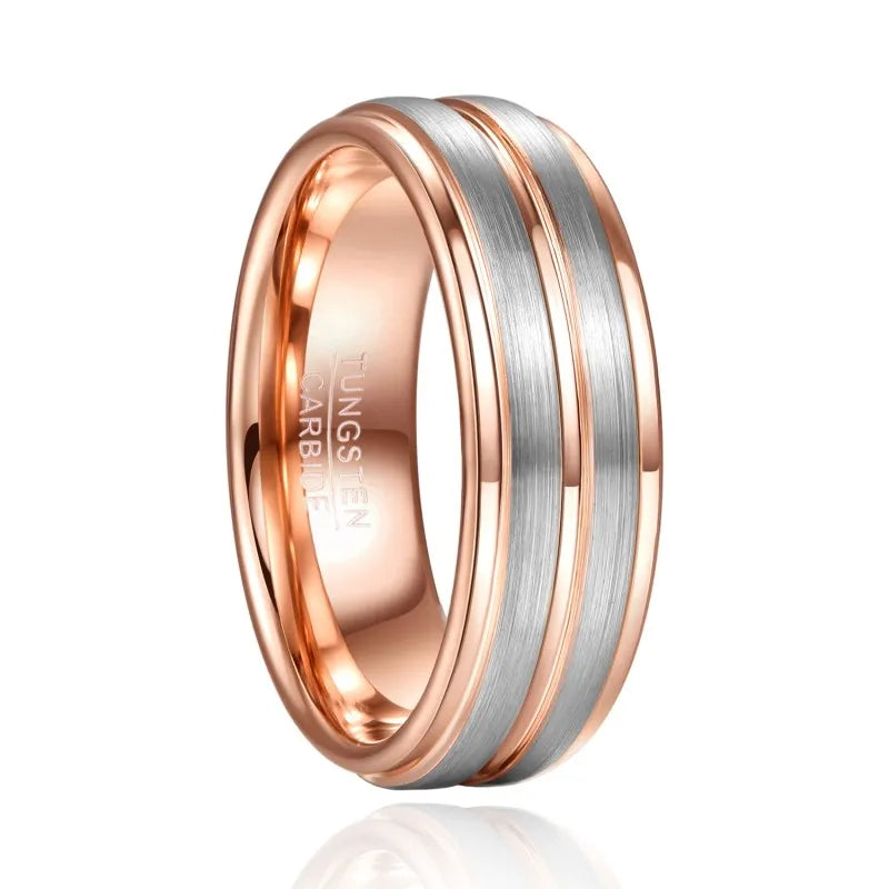 8mm rose gold Tungsten wedding band with brushed finish and stepped edges – comfort fit