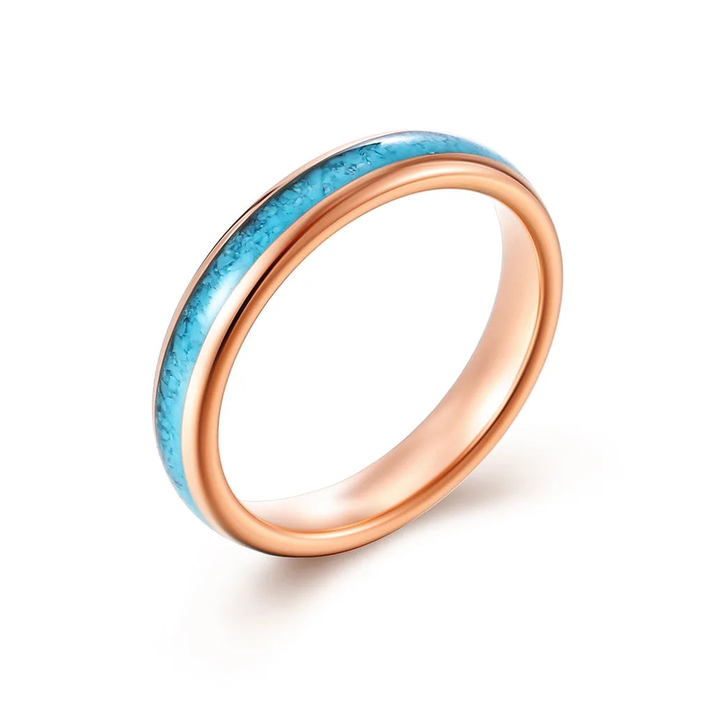 4mm women's rose gold Tungsten wedding ring featuring crushed turquoise inlay and domed band