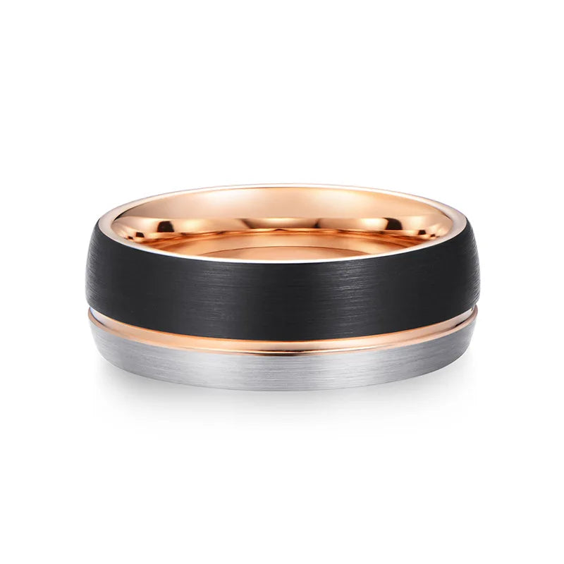 8mm men's black Tungsten ring with polished rose gold stripe, brushed silver, and domed band