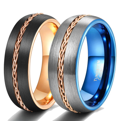 Set of two Tungsten rings, one with black and rose gold, the other with silver and blue, both featuring rose gold braided wire.