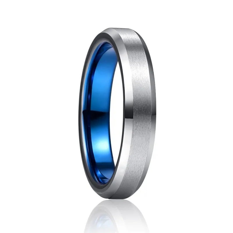 Silver Tungsten ring with polished blue interior and beveled edges, 4mm width, comfort fit.