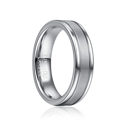 6mm silver Tungsten men's ring with a brushed center and smooth polished edges and interior.