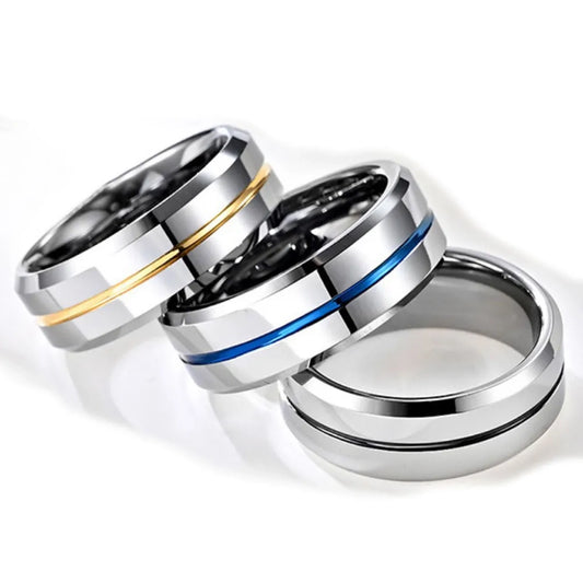 Set of 8mm polished silver Tungsten rings available with blue, gold, or black stripes, featuring beveled edges for a contemporary style.