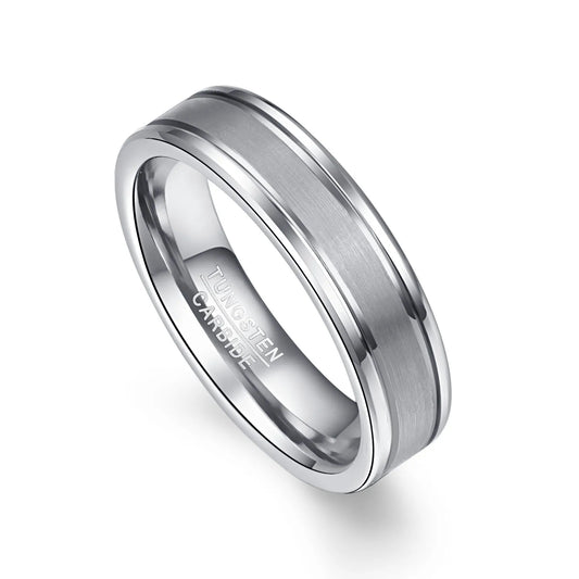 Side view of a silver Tungsten men's ring featuring a brushed center and polished edges, offering a sleek and modern design.