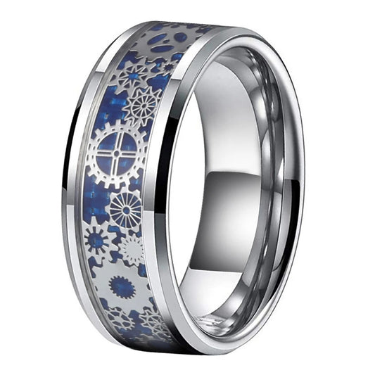 Silver Tungsten steampunk men's ring with blue cog and gear inlay, 8mm width.