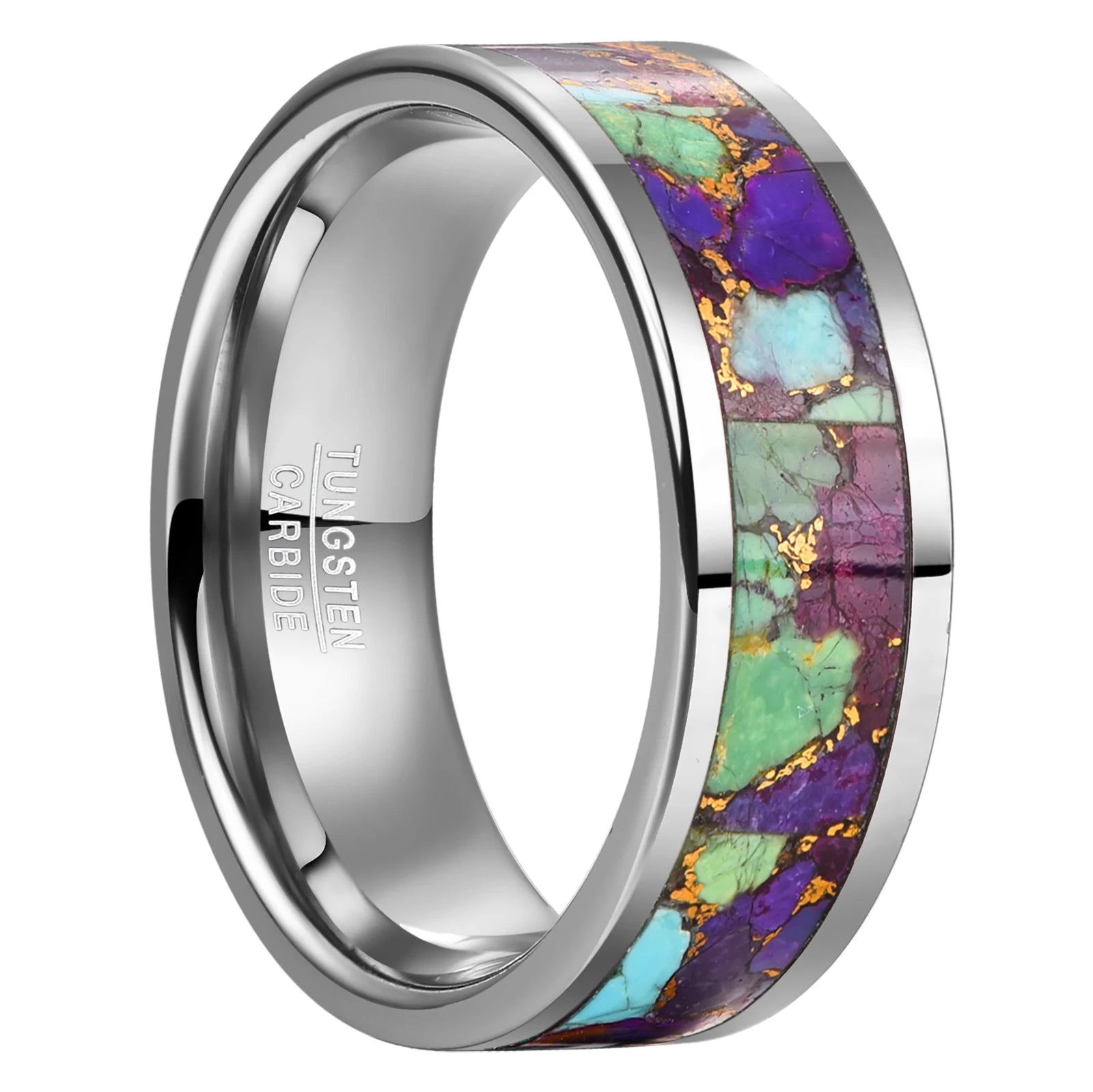 Men's 8mm silver Tungsten flat band ring inlaid with Rainbow Jasper and gold accents