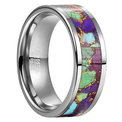 Men's 8mm silver Tungsten flat band ring inlaid with Rainbow Jasper and gold accents