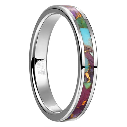 4mm silver Tungsten ring with a flat band, inlaid with Rainbow Jasper and gold flakes