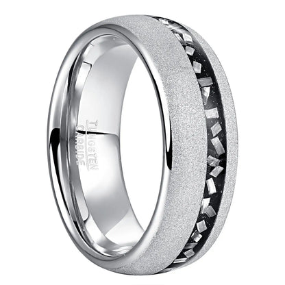 8mm silver Tungsten men's ring with polished interior, frosted exterior, and an inlay of genuine Gibeon meteorite shavings and black sandstone.