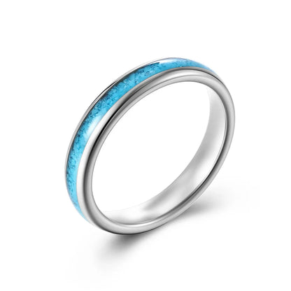 Women's 4mm silver Tungsten wedding band with crushed turquoise inlay and comfort fit design