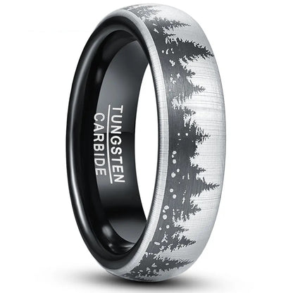 Silver and Black Tungsten ring with etched forest design, 6mm width, comfort fit.