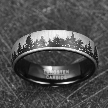 Silver and Black Tungsten ring with forest etching, 6mm width, comfort fit.