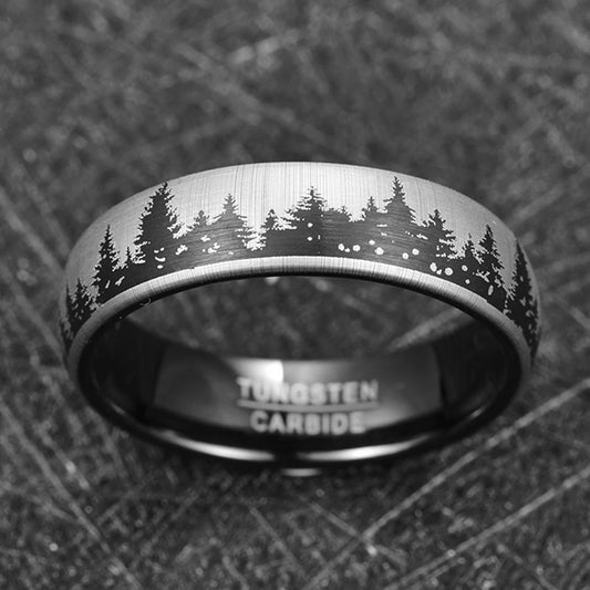 Silver and Black Tungsten ring with forest etching, 6mm width, comfort fit.