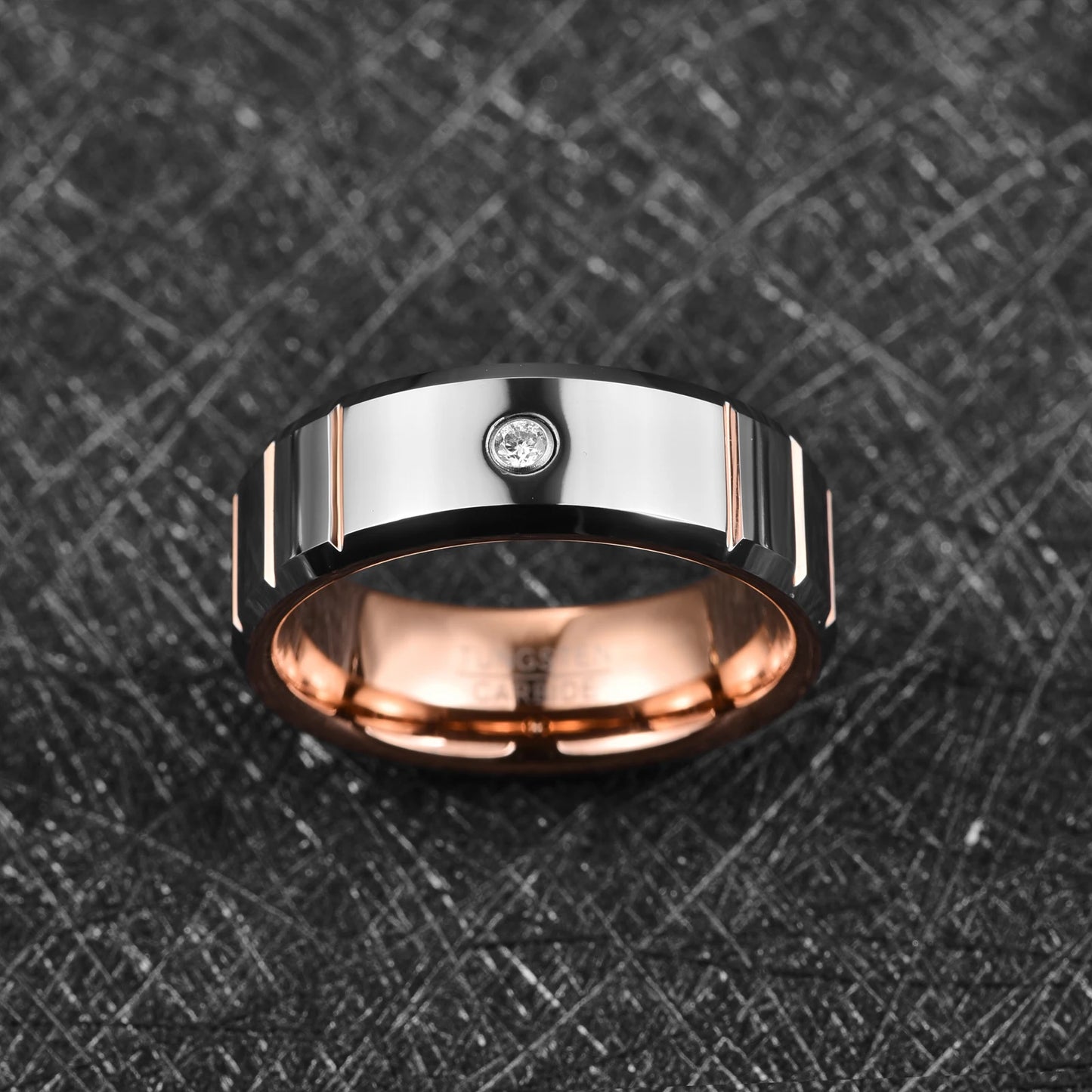 8mm silver and rose gold Tungsten ring with stone – comfort fit men's wedding band