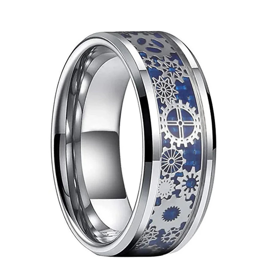 Steampunk men's Tungsten ring with intricate cog and gear inlay, 8mm width.