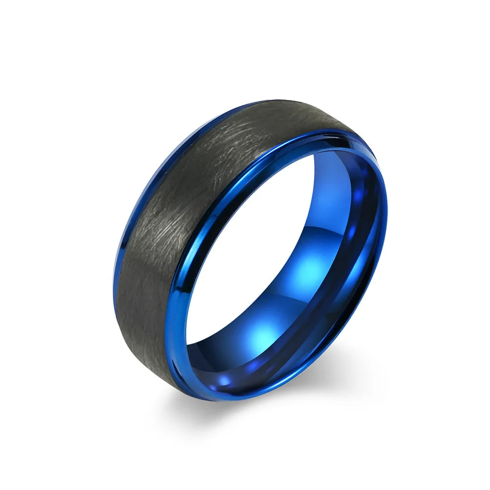 8mm men's ring featuring a brushed black Tungsten exterior with polished blue Tungsten interior and stepped edges for a stylish finish.