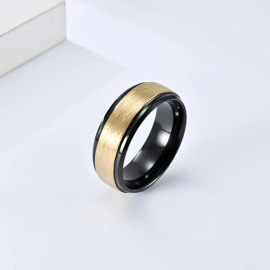 8mm men's ring with a brushed gold Tungsten exterior and polished black Tungsten interior, complete with stepped edges for a sleek finish.