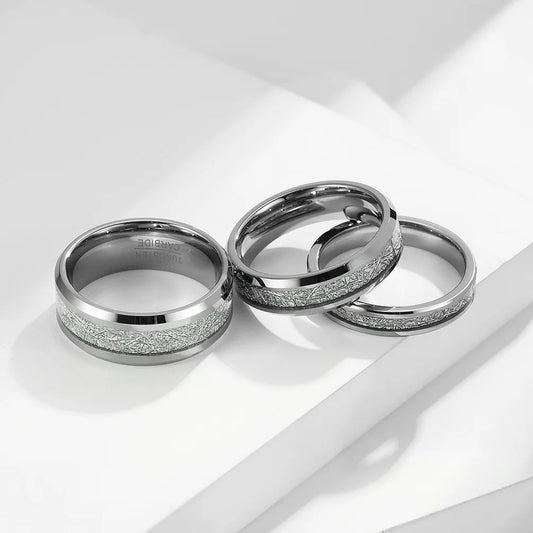 Tungsten wedding band with meteorite inlay, available in 4mm, 6mm, and 8mm widths