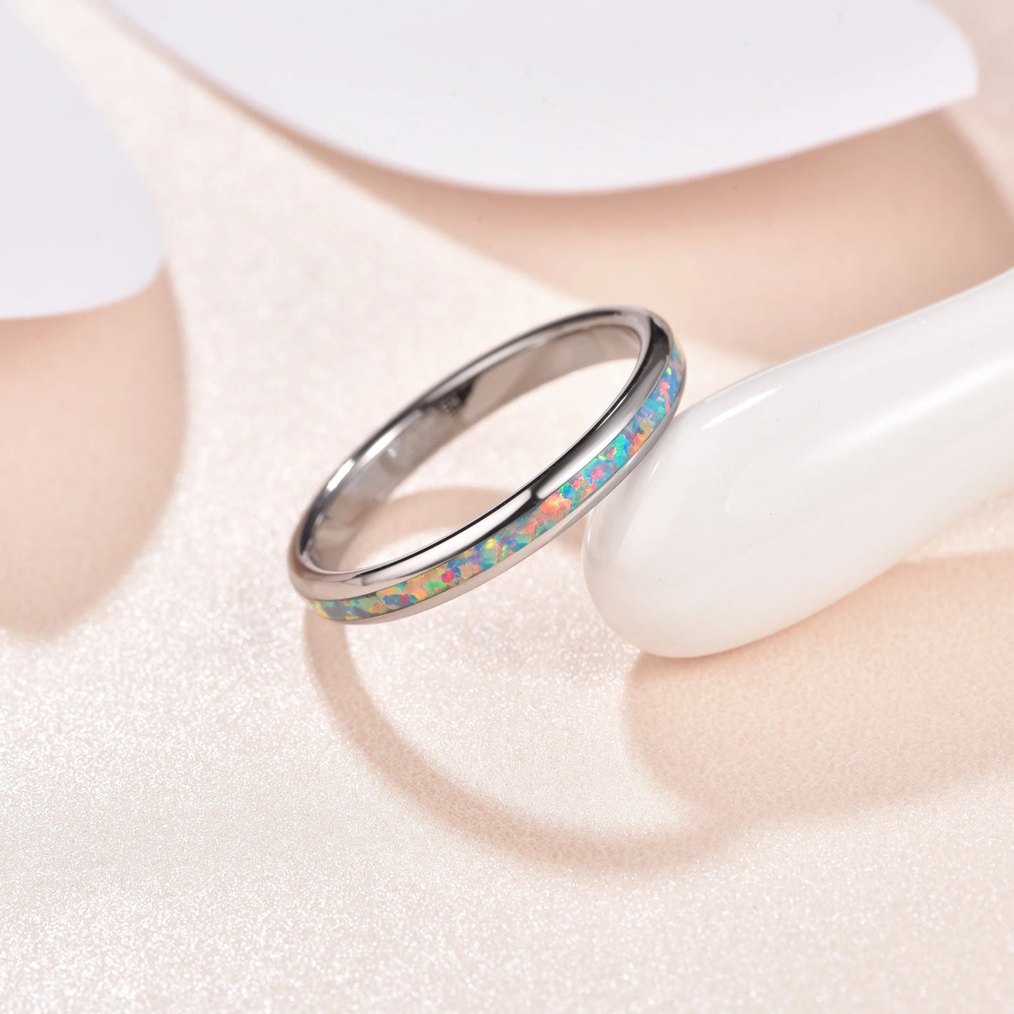 3mm Tungsten women's wedding band featuring colorful opal inlay.