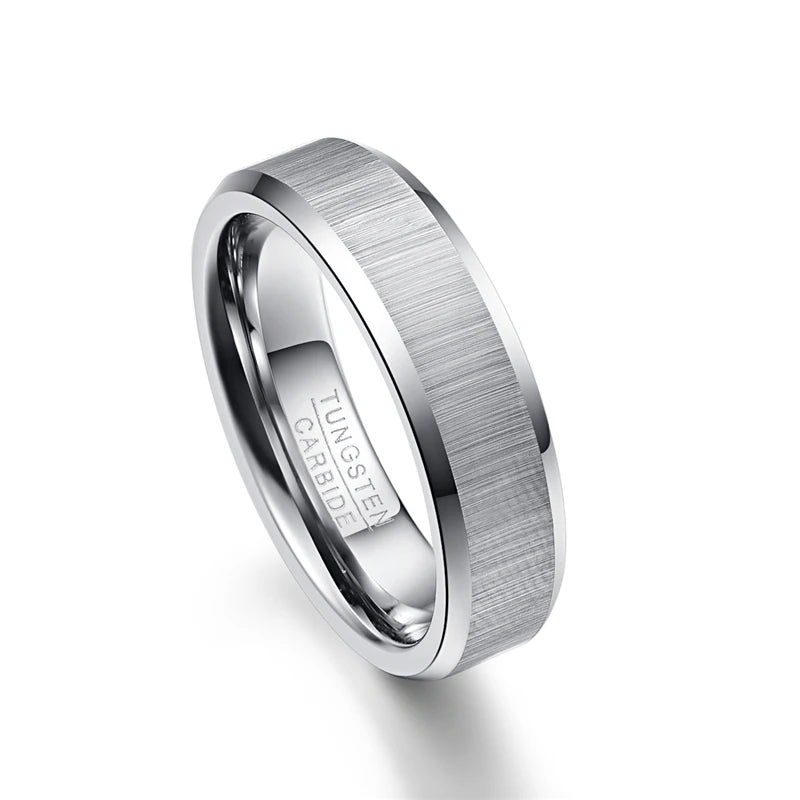 6mm Tungsten carbide ring with brushed finish and beveled edge