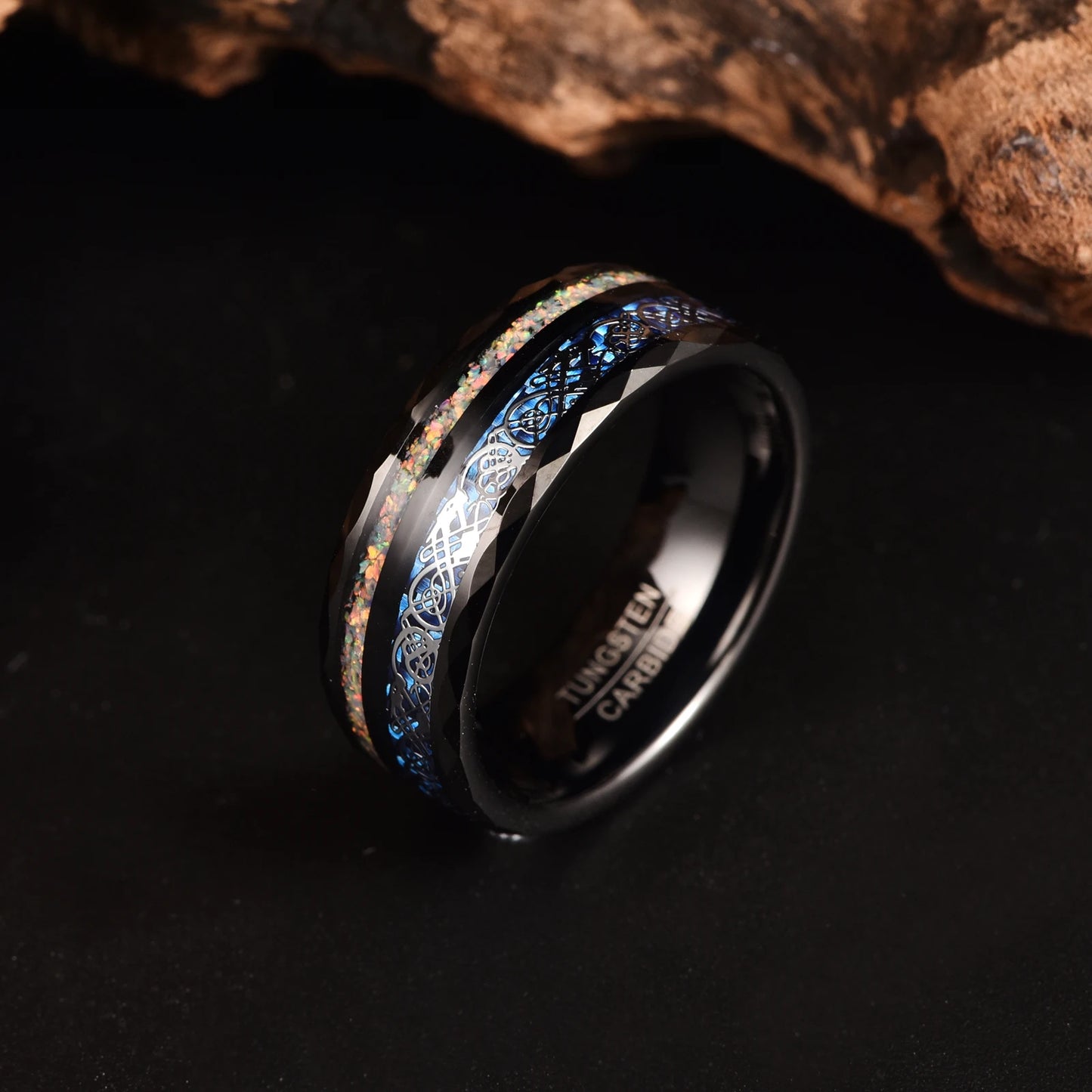 8mm Tungsten men's ring in black with crushed opal and detailed Celtic dragon design