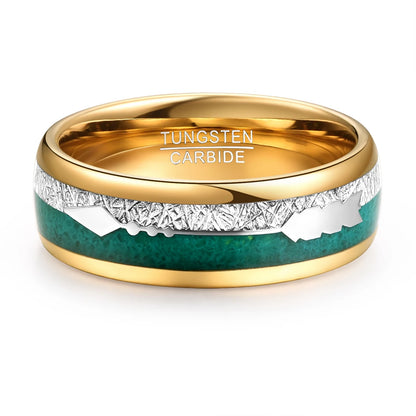 Tungsten men's ring with meteorite and malachite inlays, 8mm width